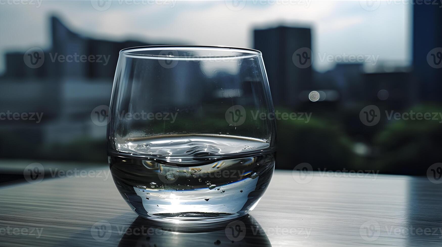 une verre moitié plein de blanc l'eau ou minéral l'eau Extérieur dans le table avec ville Contexte. ai généré photo