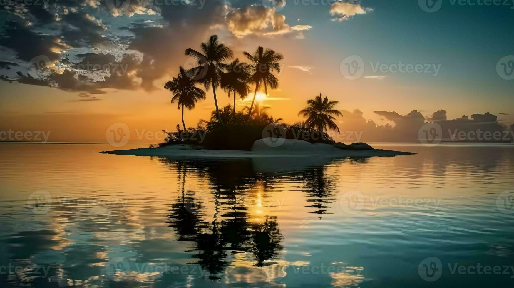 tranquille le coucher du soleil scène plus de tropical plage dans un île avec paume des arbres et calme mer, reflétant des nuages. ai généré photo
