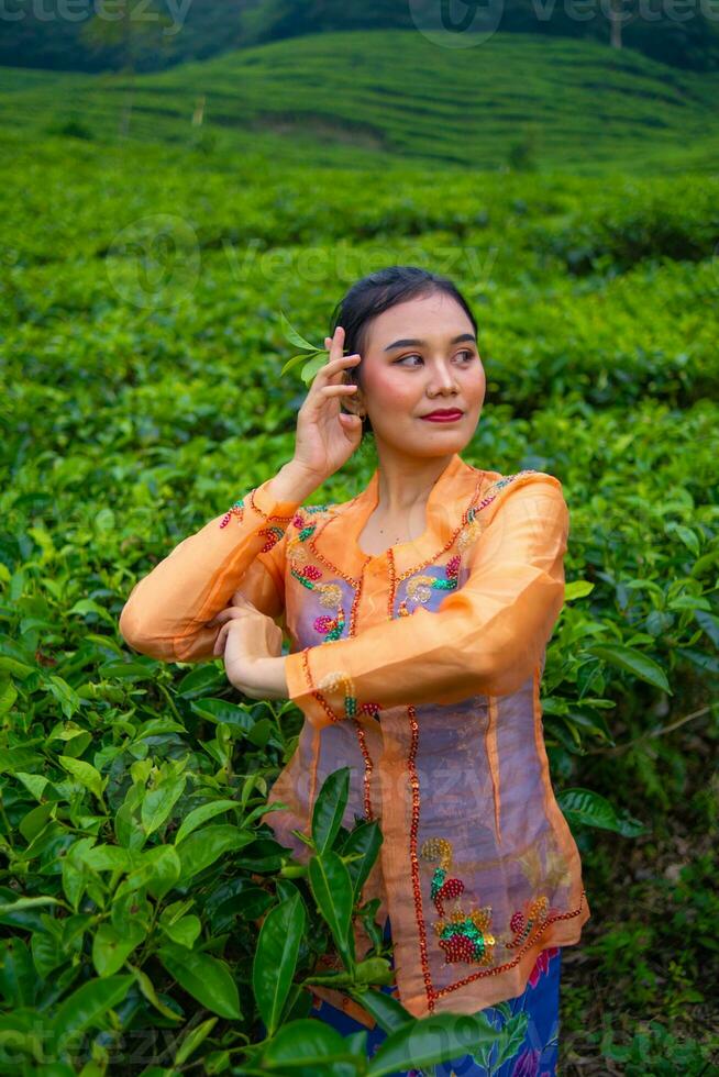 une Javanais femme sur vacances dans une thé jardin portant une Jaune robe photo