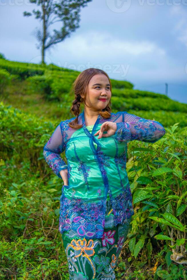 un asiatique femme dans une bleu paysan robe permanent parmi le thé jardins photo