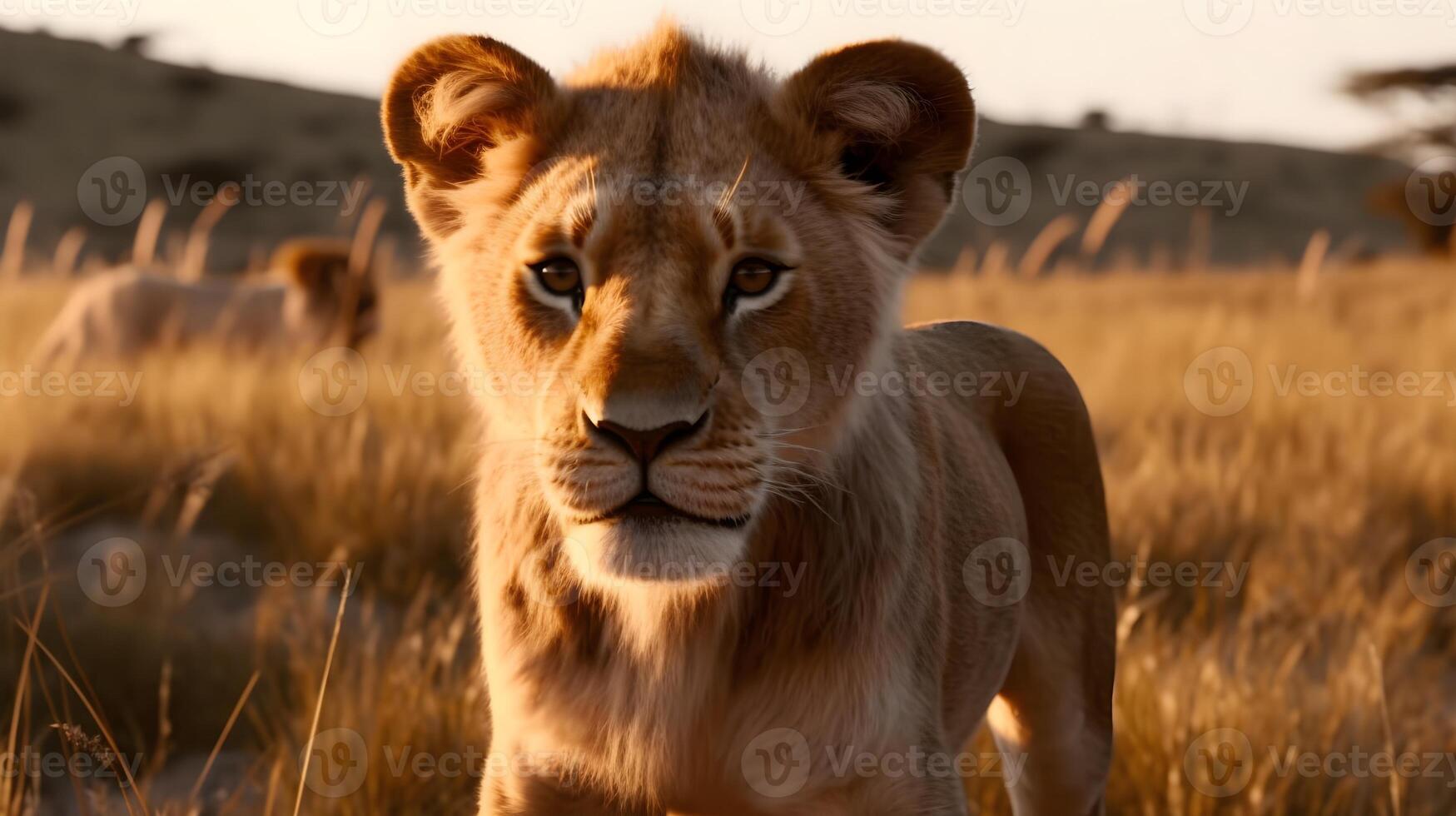 proche en haut portrait Jeune Lion ou bébé lion, regard ou à la recherche à le caméra à le savane désert Contexte. ai généré photo