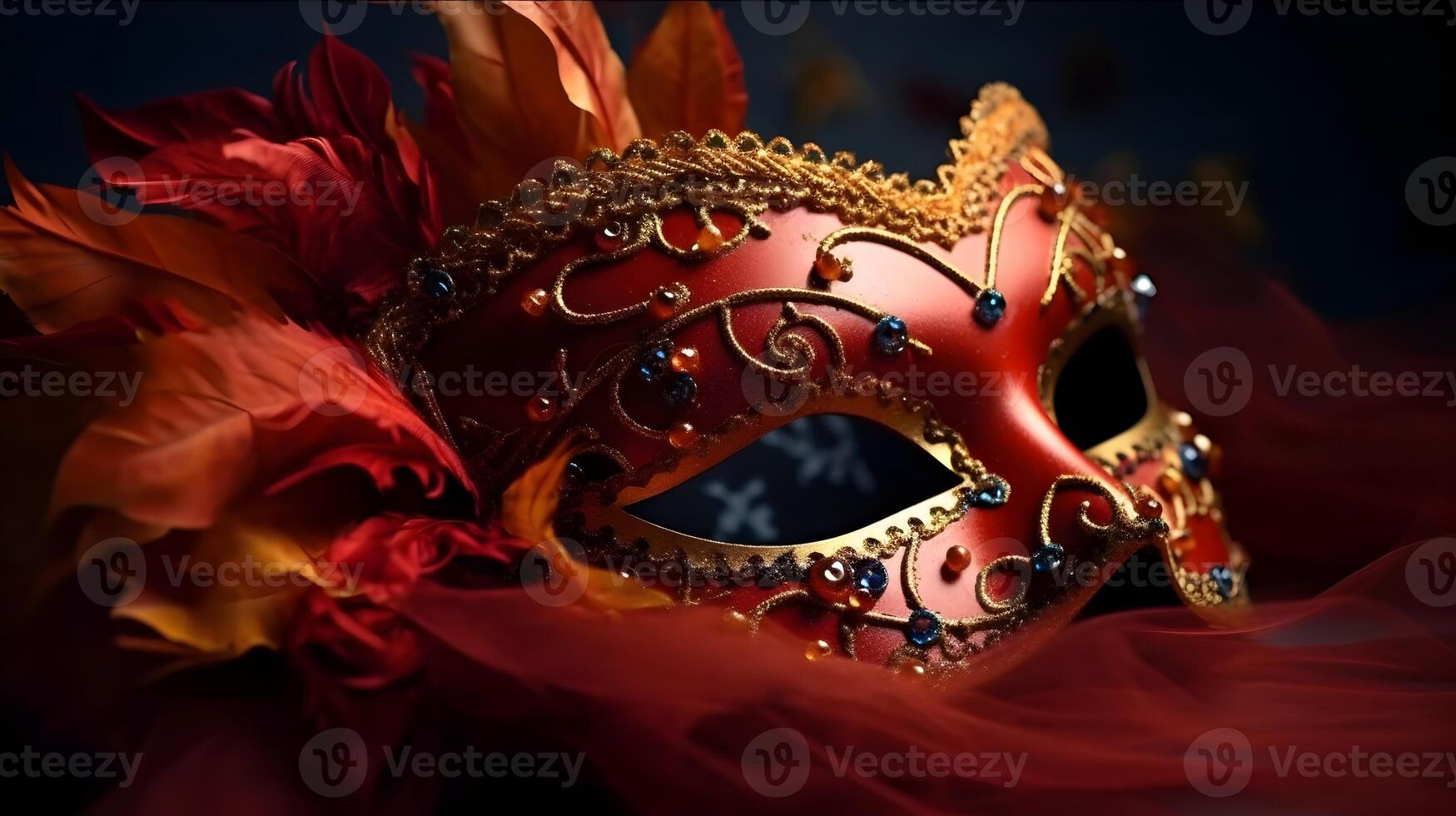 une rouge moitié visage carnaval masque Festival haute détail magnifique avec foncé studio Contexte pour concept et commercial utilisé. ai généré photo