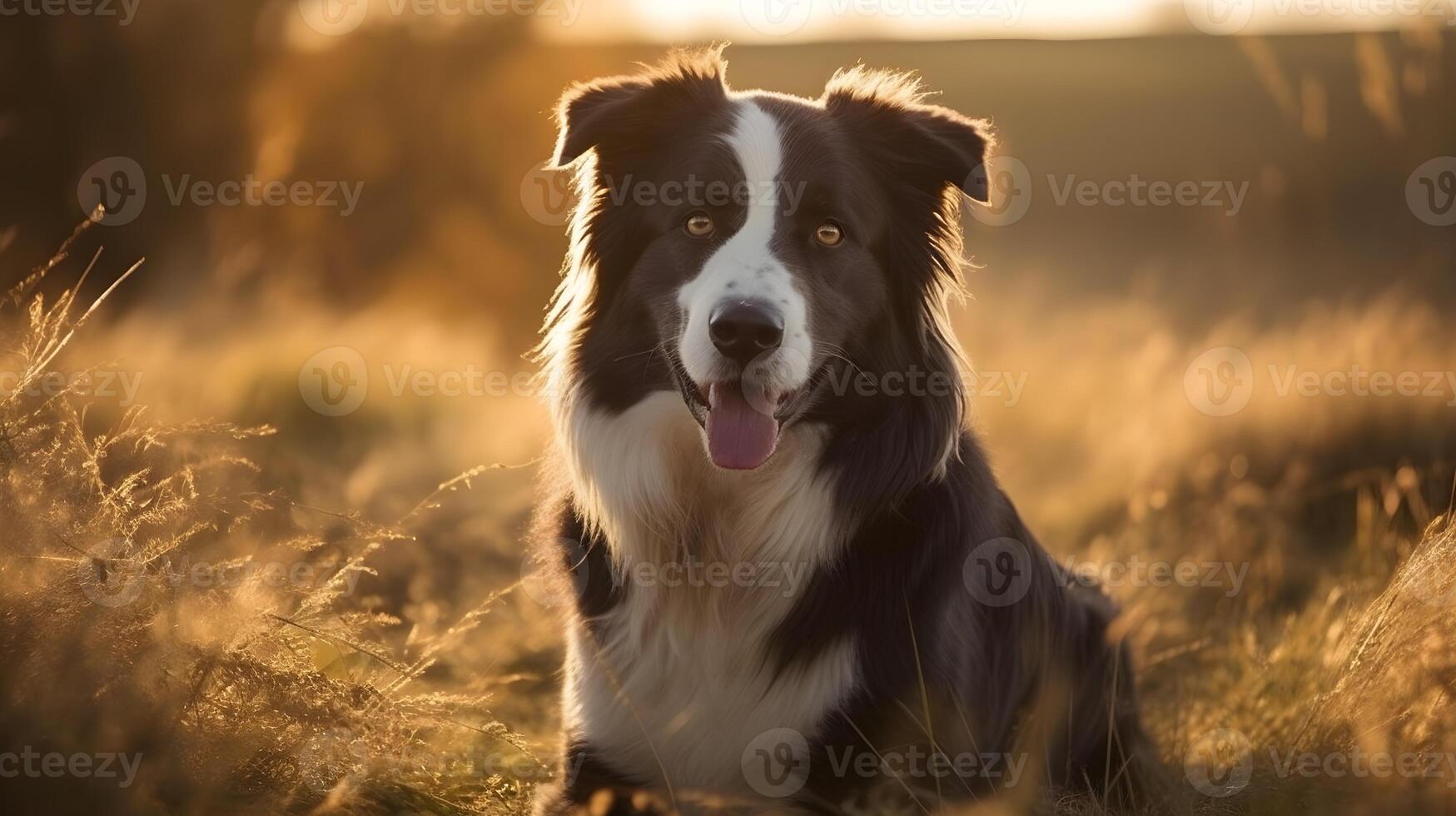 mignonne noir et blanc frontière colley chien asseoir et à la recherche à le caméra dans le Prairie la nature Contexte. ai généré photo