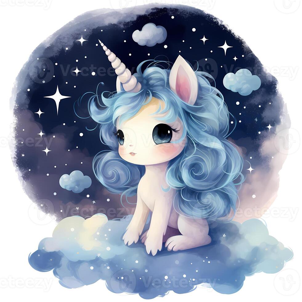 une mignonne Licorne regarder en haut à le étoilé ciel et une tranquille lune aquarelle illustration, ai génératif photo