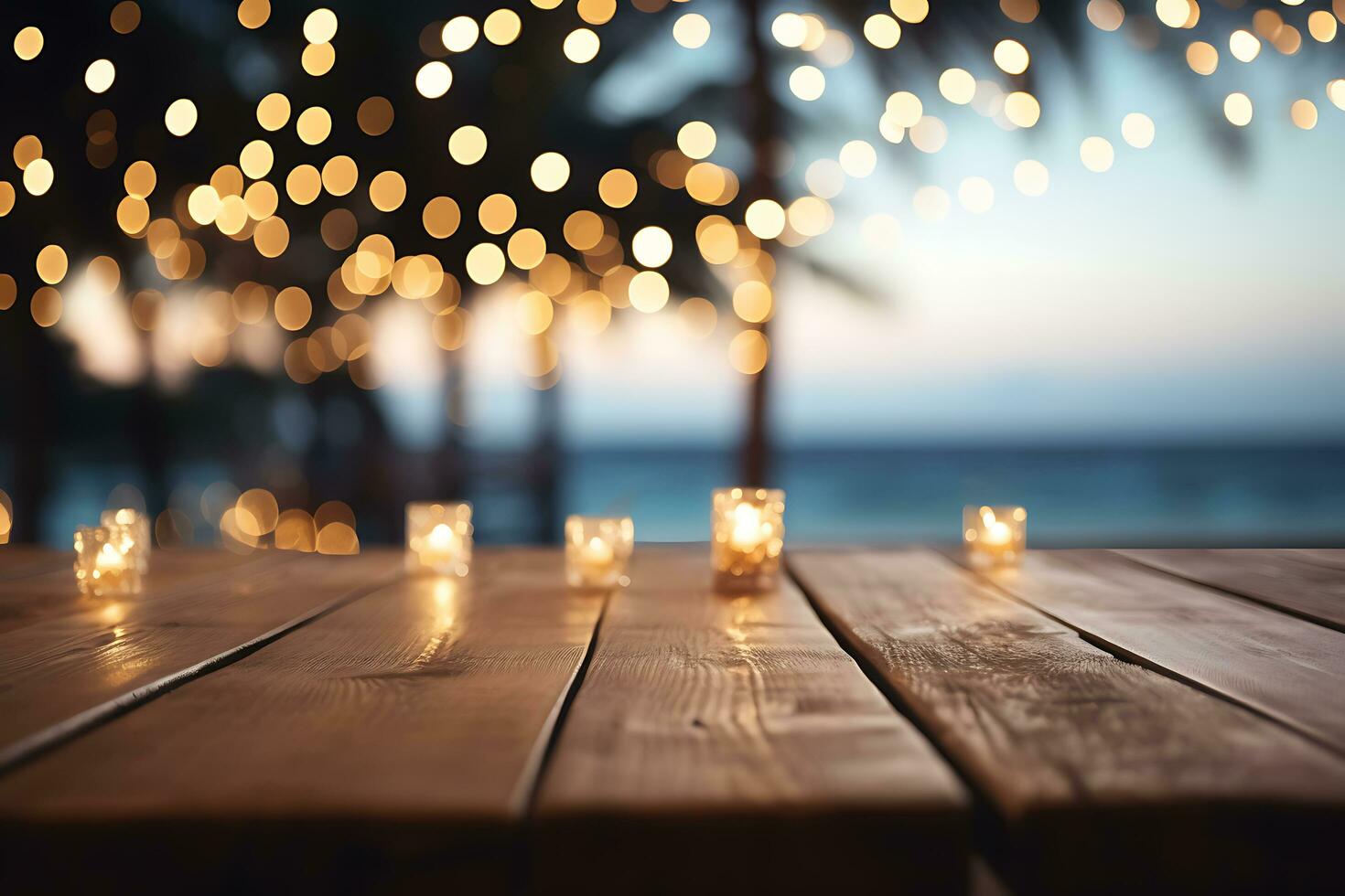 bois table Haut sur brouiller plage fête nuit Contexte ai génératif photo