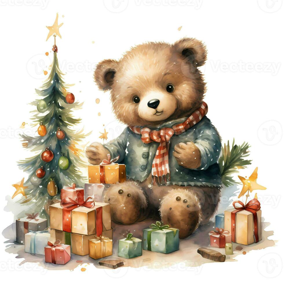 mignonne nounours ours dans une Père Noël claus chapeau avec une cadeau et une Noël arbre ai génératif photo