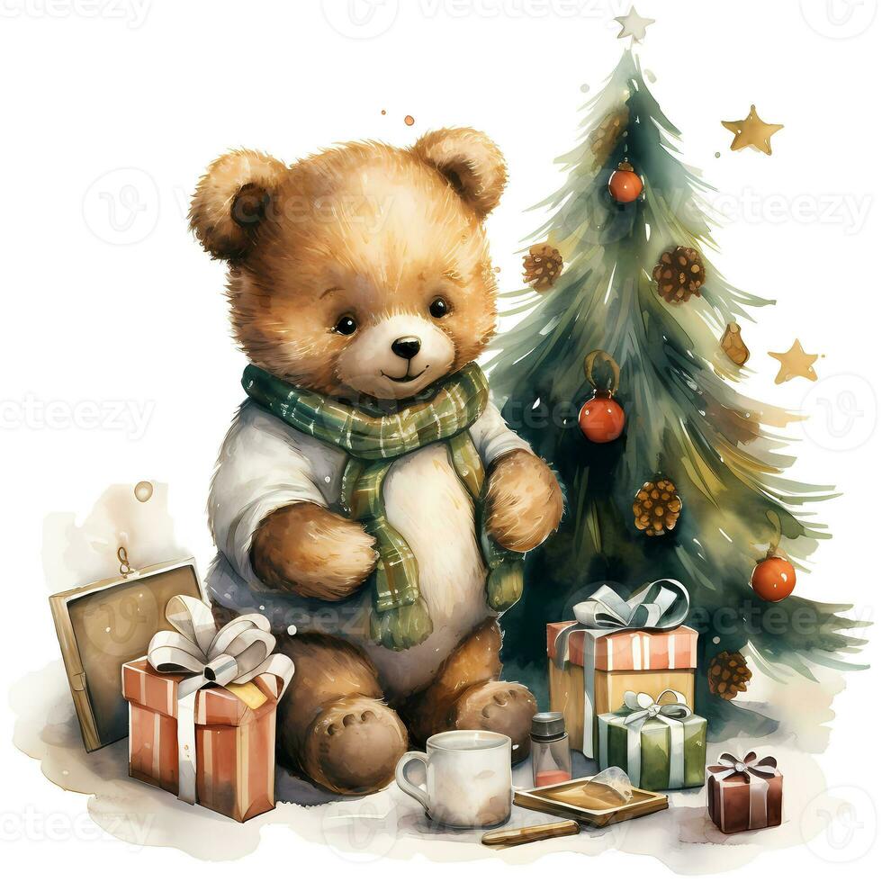 mignonne nounours ours dans une Père Noël claus chapeau avec une cadeau et une Noël arbre ai génératif photo