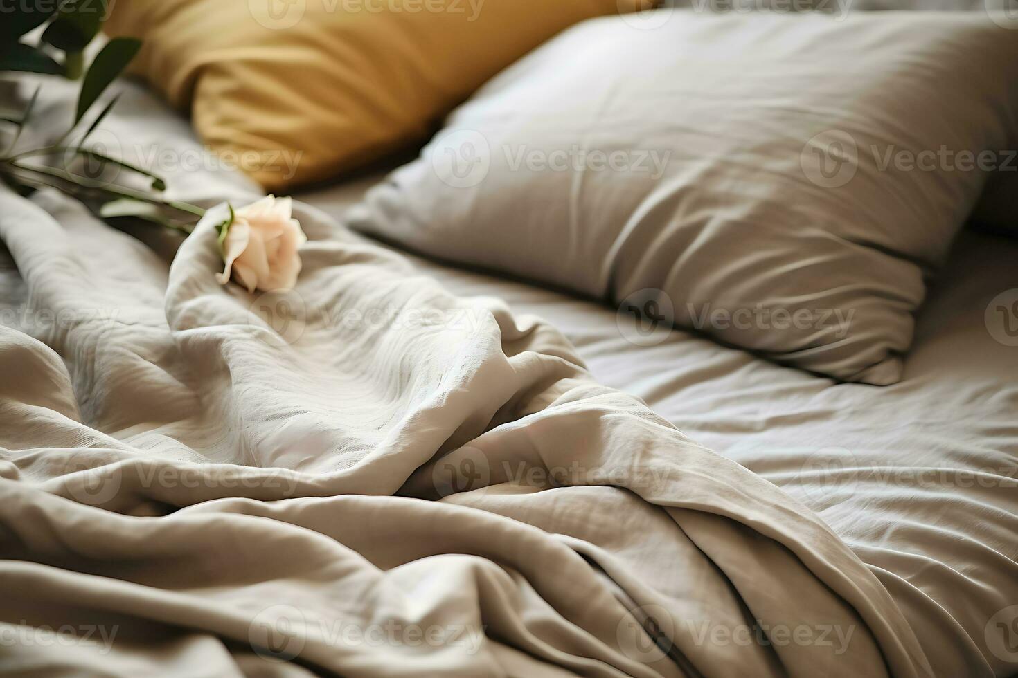 un défait lit avec blanc draps. avec couverture sur lit défait. concept de relaxant après Matin. ai généré photo