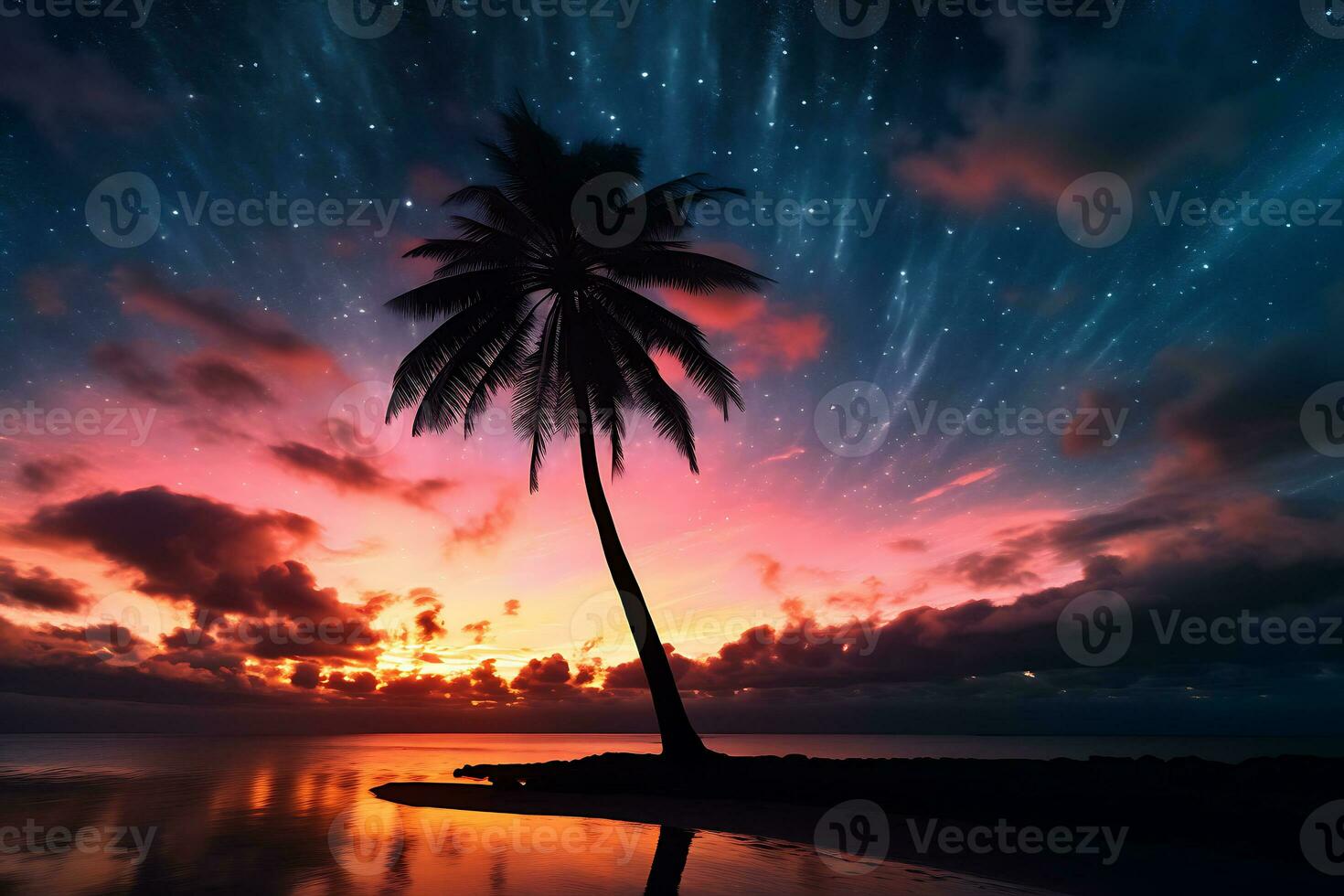 tropical le coucher du soleil paume arbre en dessous de galaxie le coucher du soleil ciel. ai généré. photo
