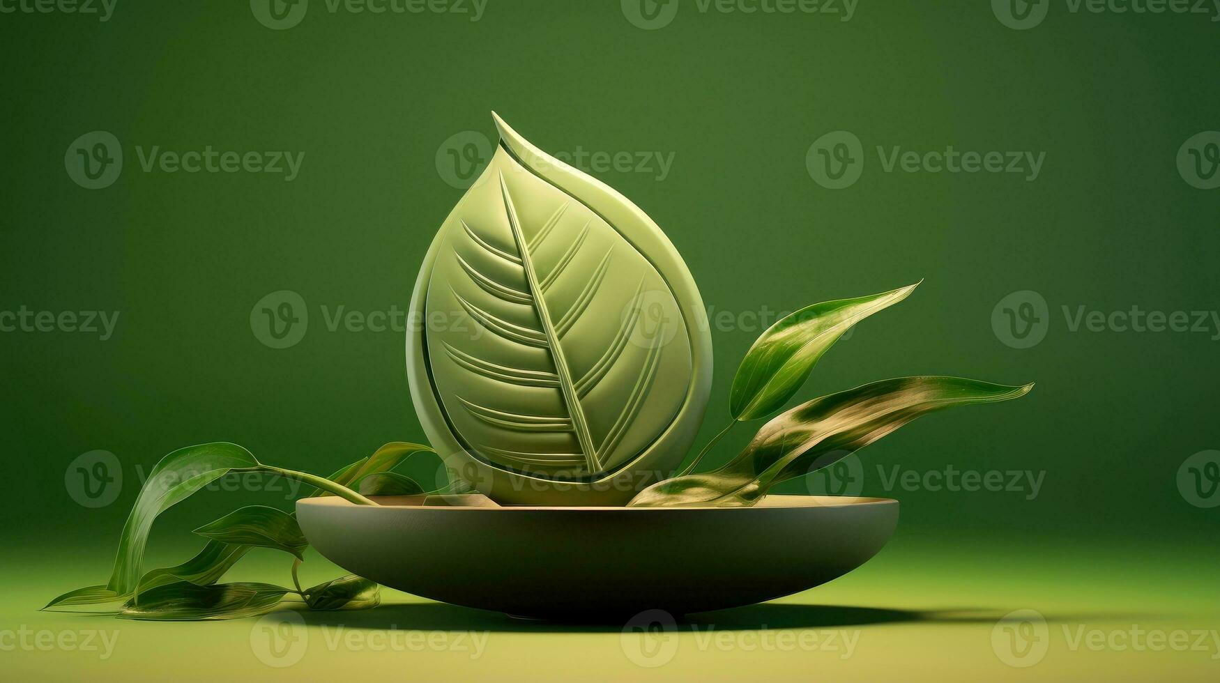 3d maquette feuille de arbre et plante. écologie, bio et Naturel des produits concept, proche en haut vue de feuilles composition, minimal style, génératif ai illustration photo