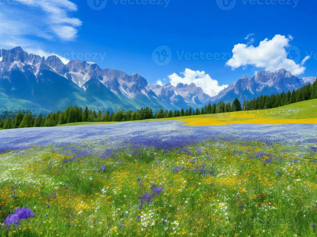 le Prairie de fleurs et montagnes ai généré photo