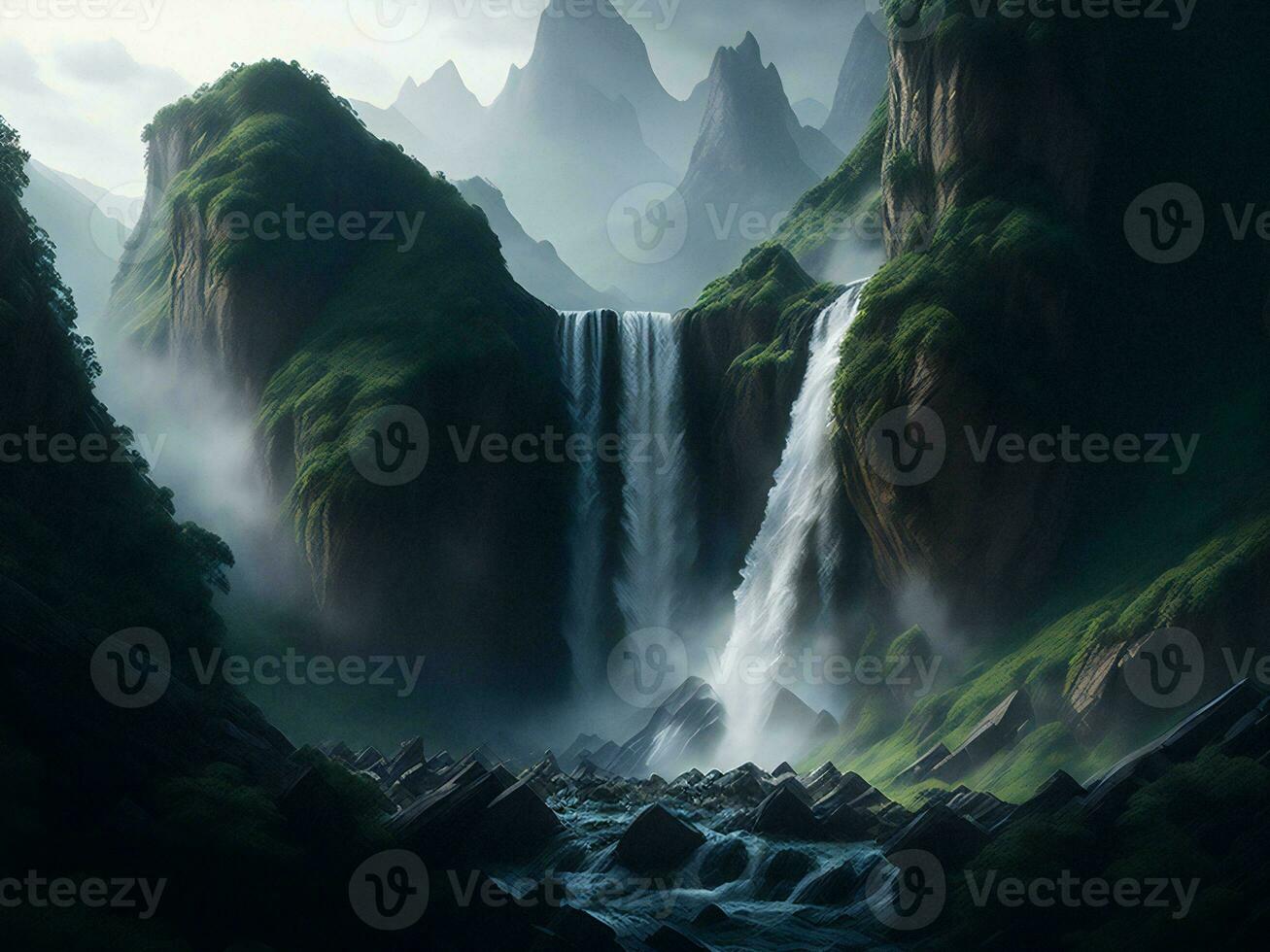 une cascade dans le montagnes avec une foncé ciel ai généré photo