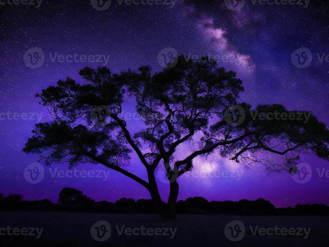 une majestueux arbre silhouette contre une toile de fond de le vaste nuit ciel rempli avec étoiles ai généré photo