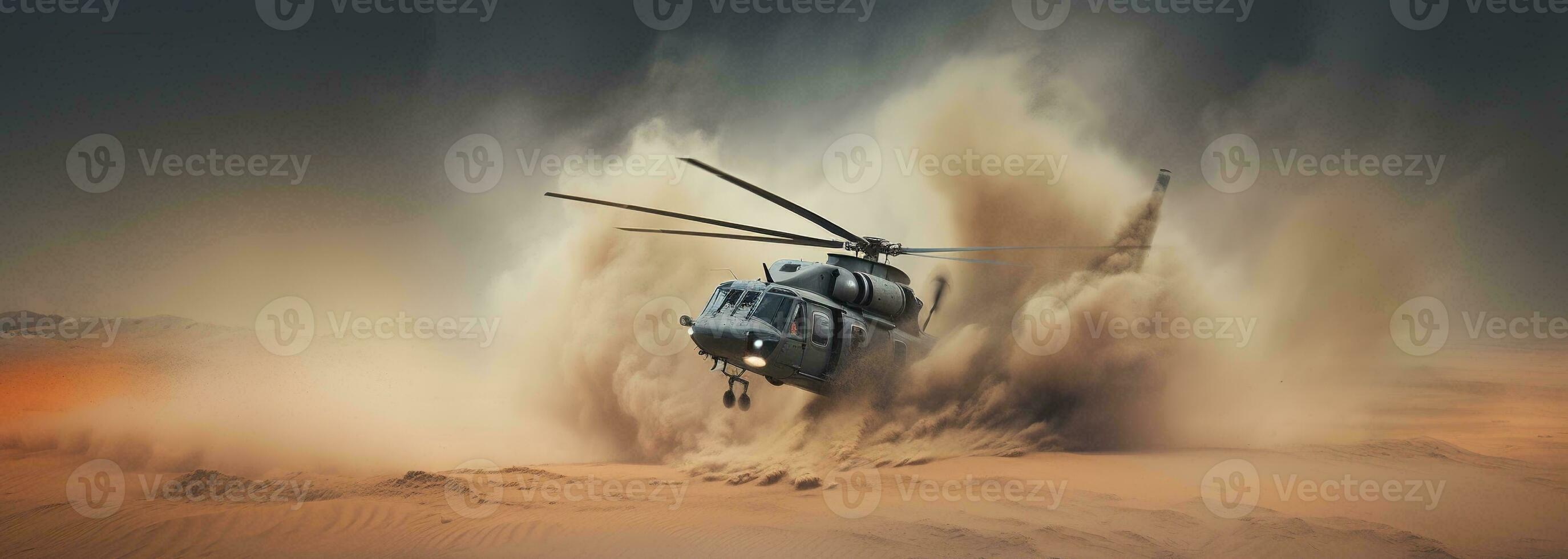 génératif ai, militaire hélicoptère prend de dans épais poussière des nuages. photo