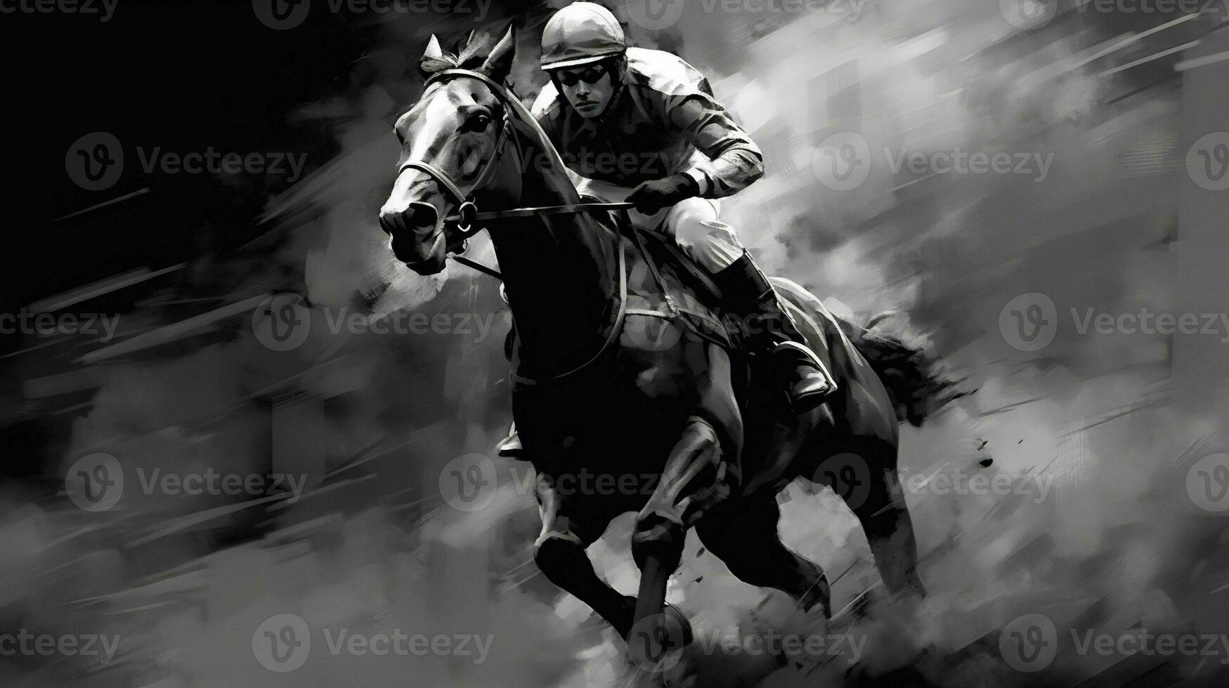 génératif ai, encre peint courses cheval avec jockey, équestre sport, monochrome illustration photo