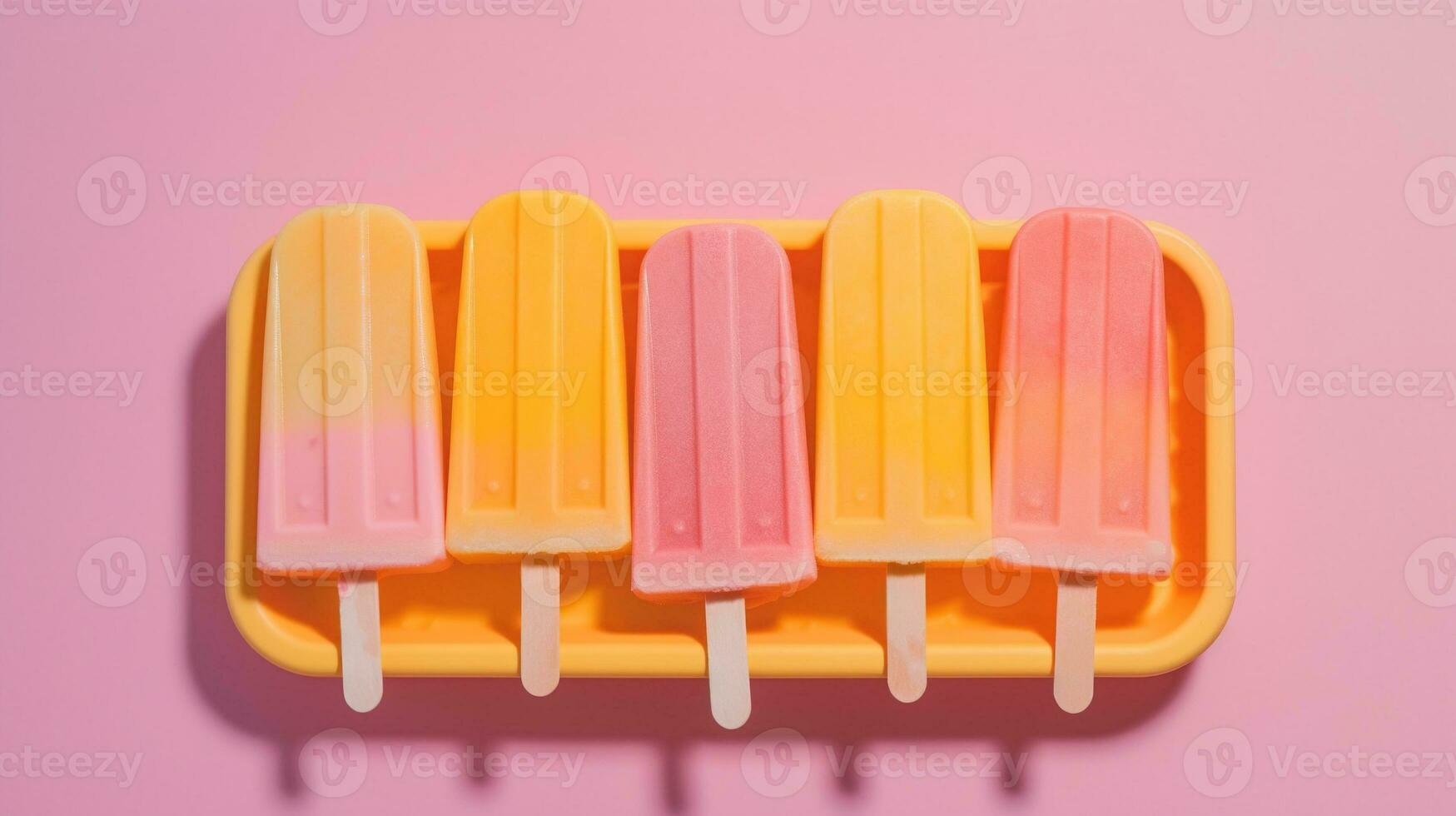 génératif ai, fruit la glace crème ou sorbet sur une bâton, brillant couleur, été humeur, panoramique vue photo