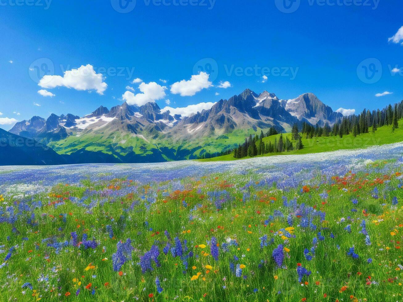 le Prairie de fleurs et montagnes ai généré photo