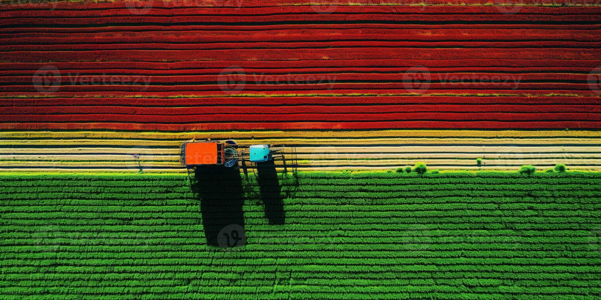 génératif ai, ferme coloré paysage, agricole des champs, magnifique campagne, pays route. la nature illustration, Haut vue drone, horizontal bannière. photo