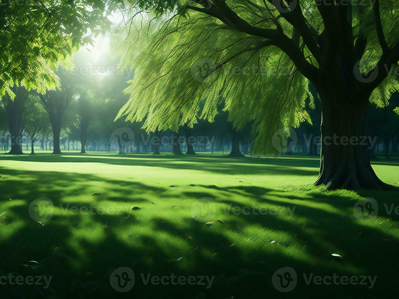 une vert herbeux champ avec des arbres et herbe ai généré photo