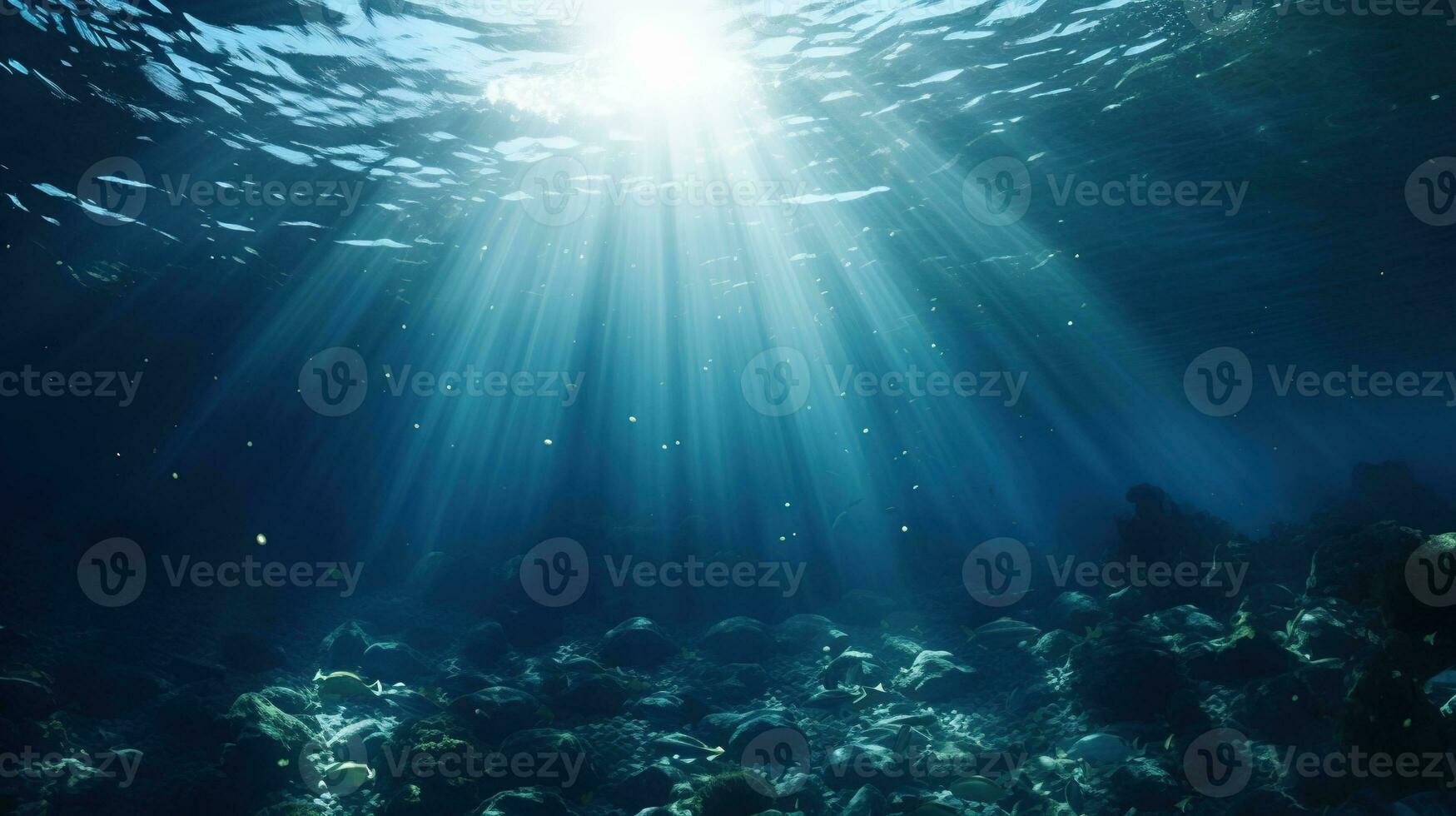 génératif ai, foncé bleu océan surface vu de sous-marin avec Soleil lumière photo