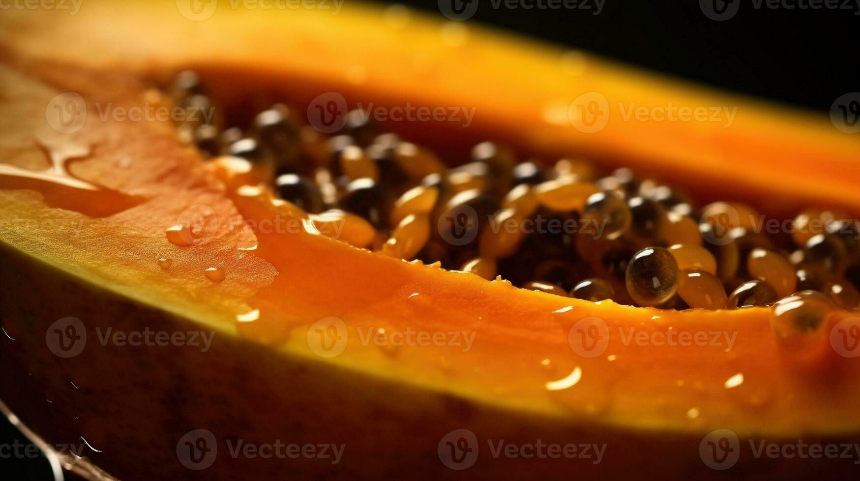 génératif ai, macro Frais moitié de Papaye fruit Contexte. tropical exotique fermer photo avec gouttes