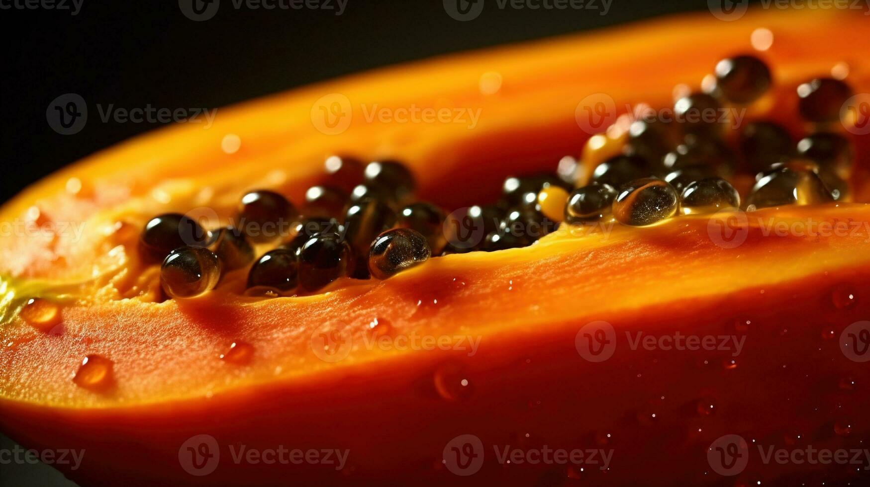 génératif ai, macro Frais moitié de Papaye fruit Contexte. tropical exotique fermer photo avec gouttes