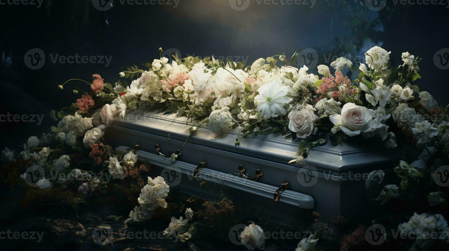 génératif ai, fleurs sur une cercueil dans le funéraire ou enterrement prestations de service à cimetière, cercueil avec fleurs photo
