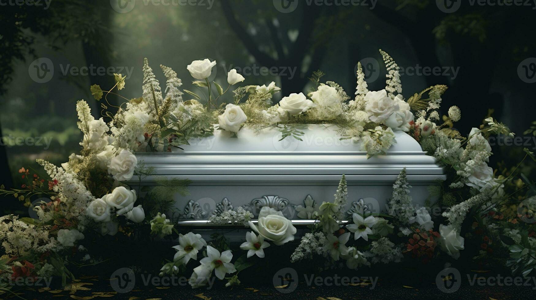 génératif ai, fleurs sur une cercueil dans le funéraire ou enterrement prestations de service à cimetière, cercueil avec fleurs photo