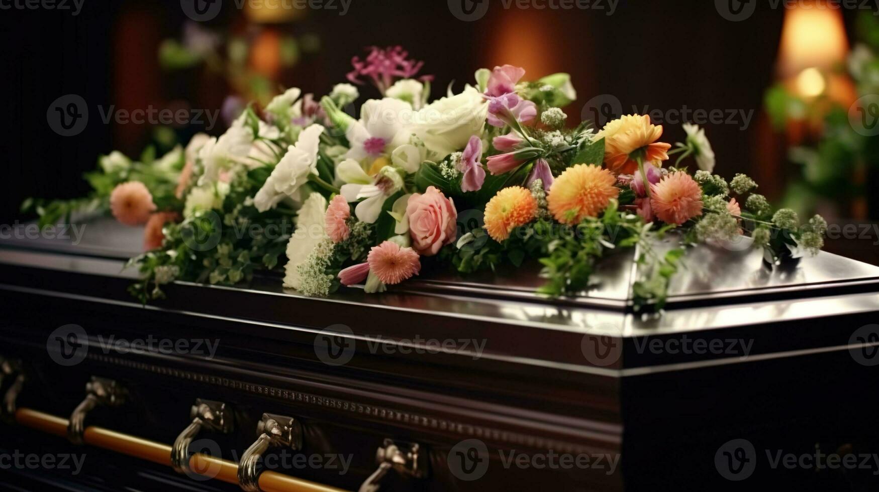 génératif ai, fleurs sur une cercueil dans le funéraire ou enterrement prestations de service à cimetière, cercueil avec fleurs photo