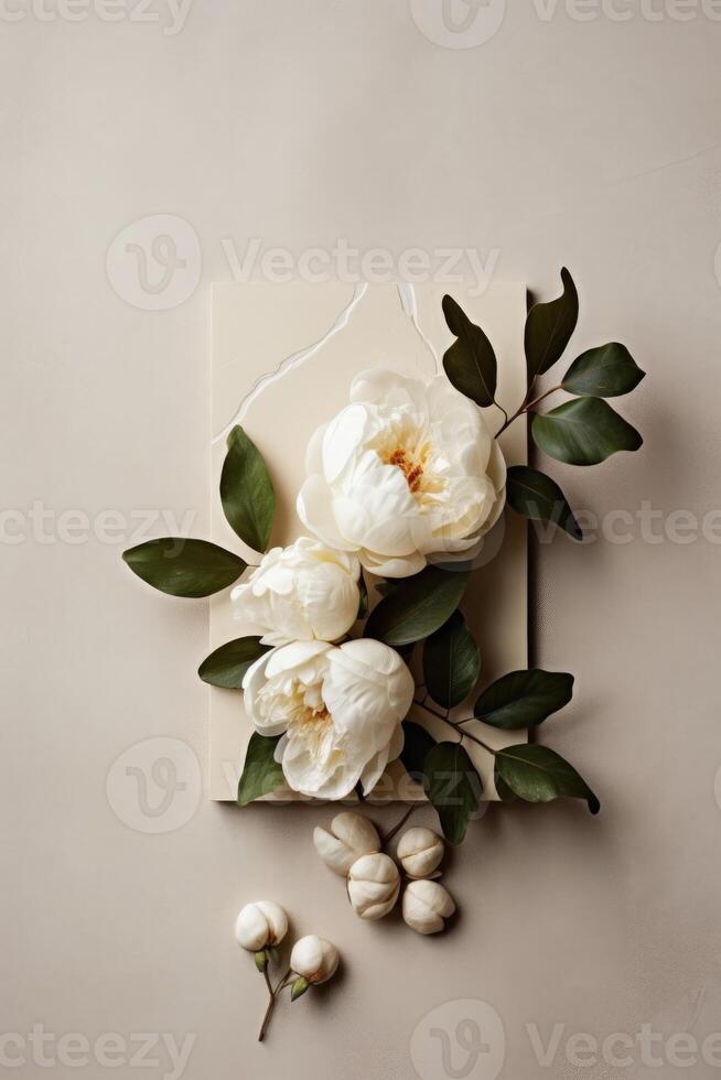 une kraft papier enveloppe avec une blanc Vide carte fleurs sur une bleu  Contexte. carte postale préparation 26275128 Photo de stock chez Vecteezy