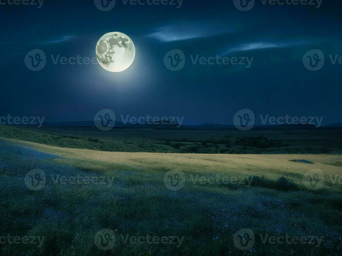 une plein lune plus de une Montagne intervalle avec des arbres et des arbres ai généré photo