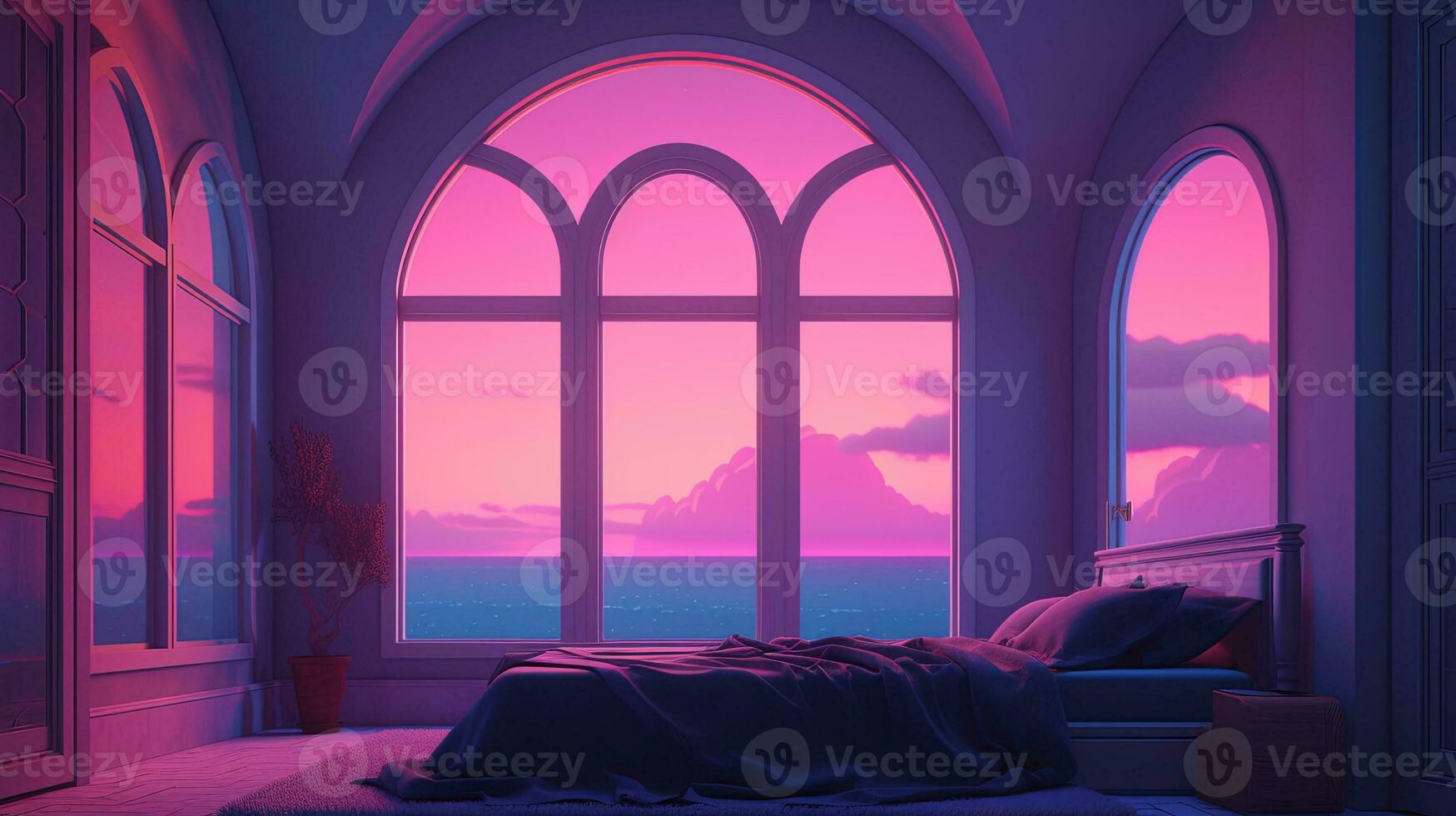 génératif ai, fantaisie violet se détendre pièce avec rêveur lit, cambre, les fenêtres et magnifique paysage avec des nuages. chambre dans calme lavande et violet couleurs. photo