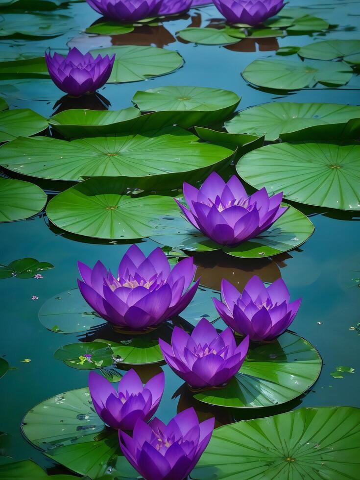 deux violet lotus flottant dans une étang avec vert feuilles ai généré photo