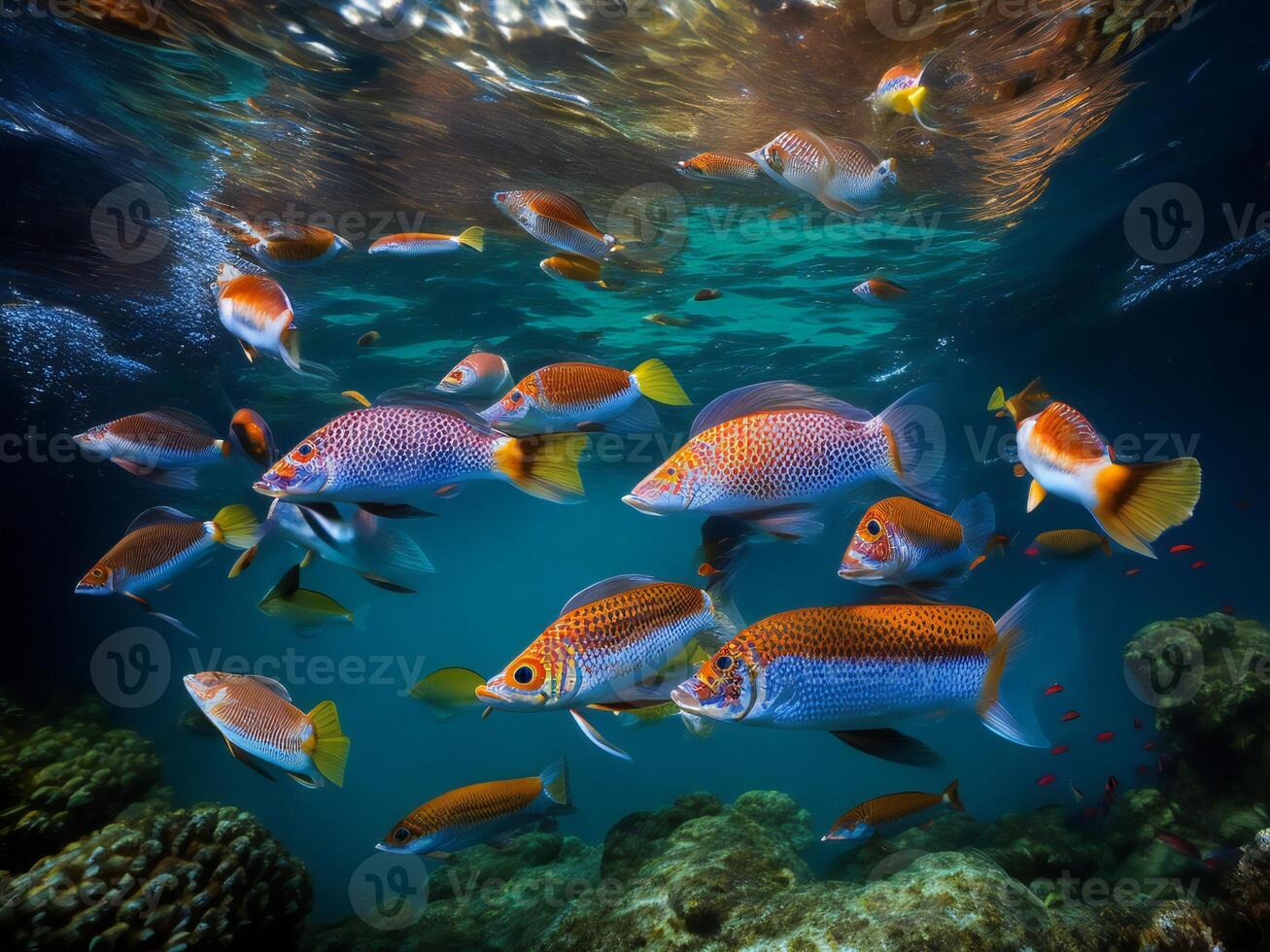 une groupe de poisson nager dans le océan ai généré photo