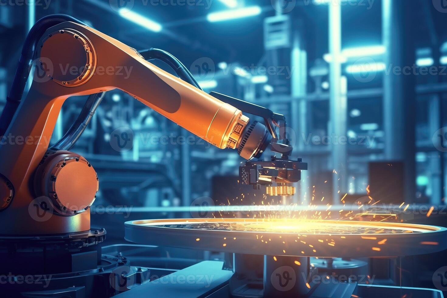 bras robot en fonctionnement avec écran moniteur contrôle dans intelligent usine. Avancée industriel automatisation, industriel 4. 0 fabrication processus. ai généré photo