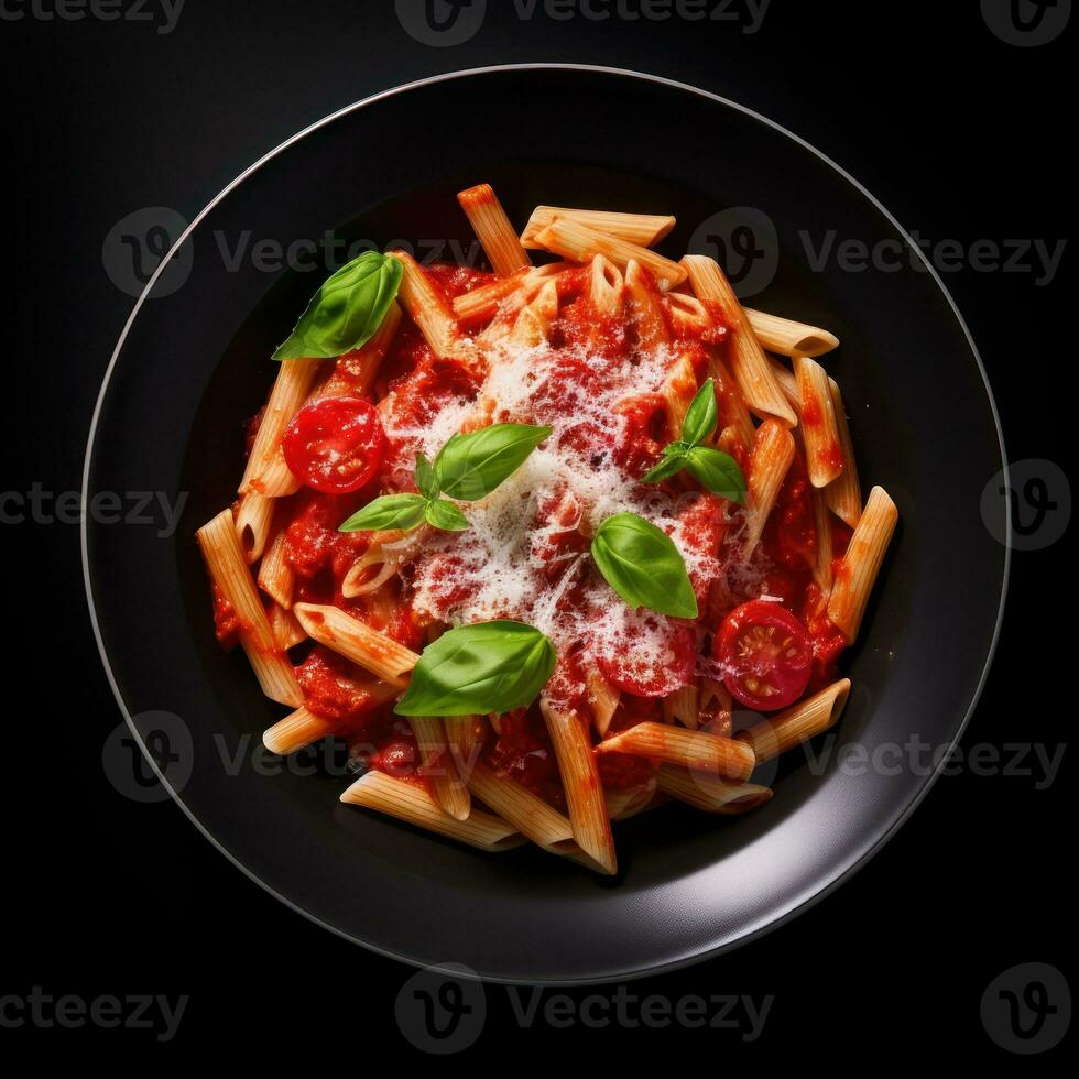 Haut vue italien Penne Pâtes dans crémeux Vodka tomate sauce avec en miettes saucisse et champignons sur le cuisine tableau. génératif ai. photo