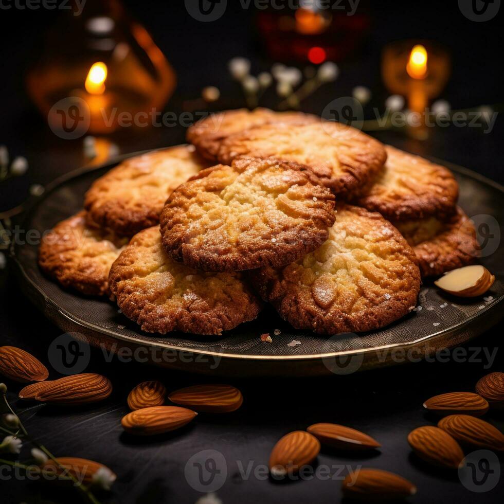 sucré amande biscuits sur noir en bois tableau. noir Contexte. Haut voir. génératif ai. photo