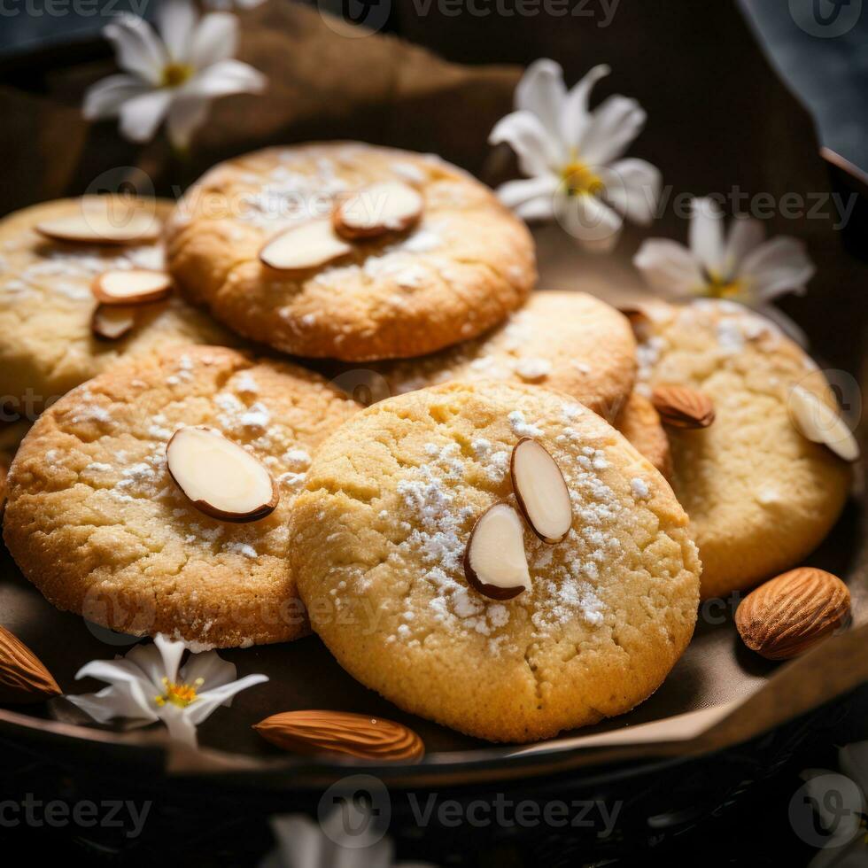 sucré amande biscuits sur noir en bois tableau. noir Contexte. Haut voir. génératif ai. photo