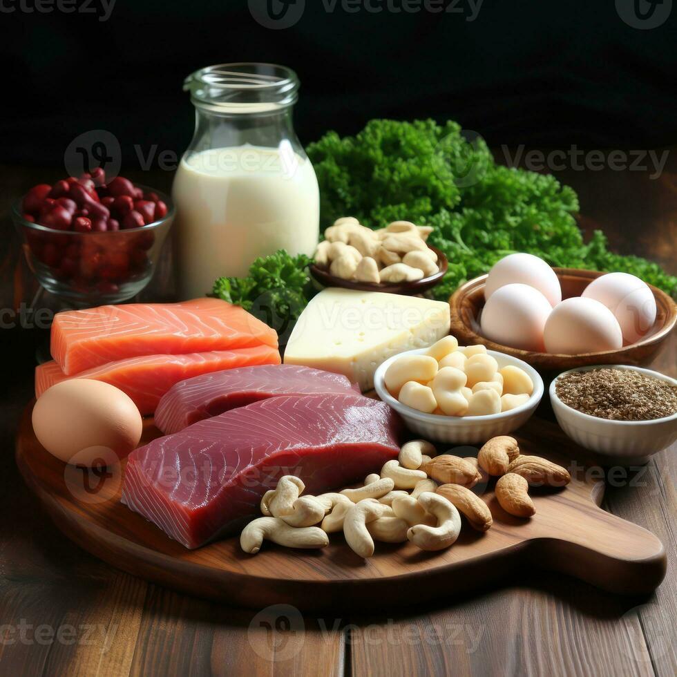 nourriture haute dans protéine, protéine sources. génératif ai. photo