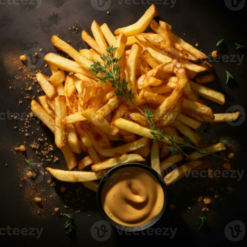 Belge frites avec sauce andalouse et frikandel. génératif ai. photo