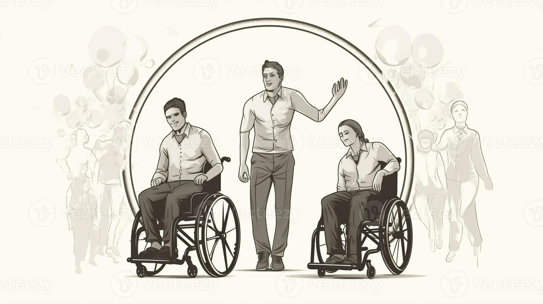 une illustration Jeune homme dans une fauteuil roulant avec le sien famille. photo