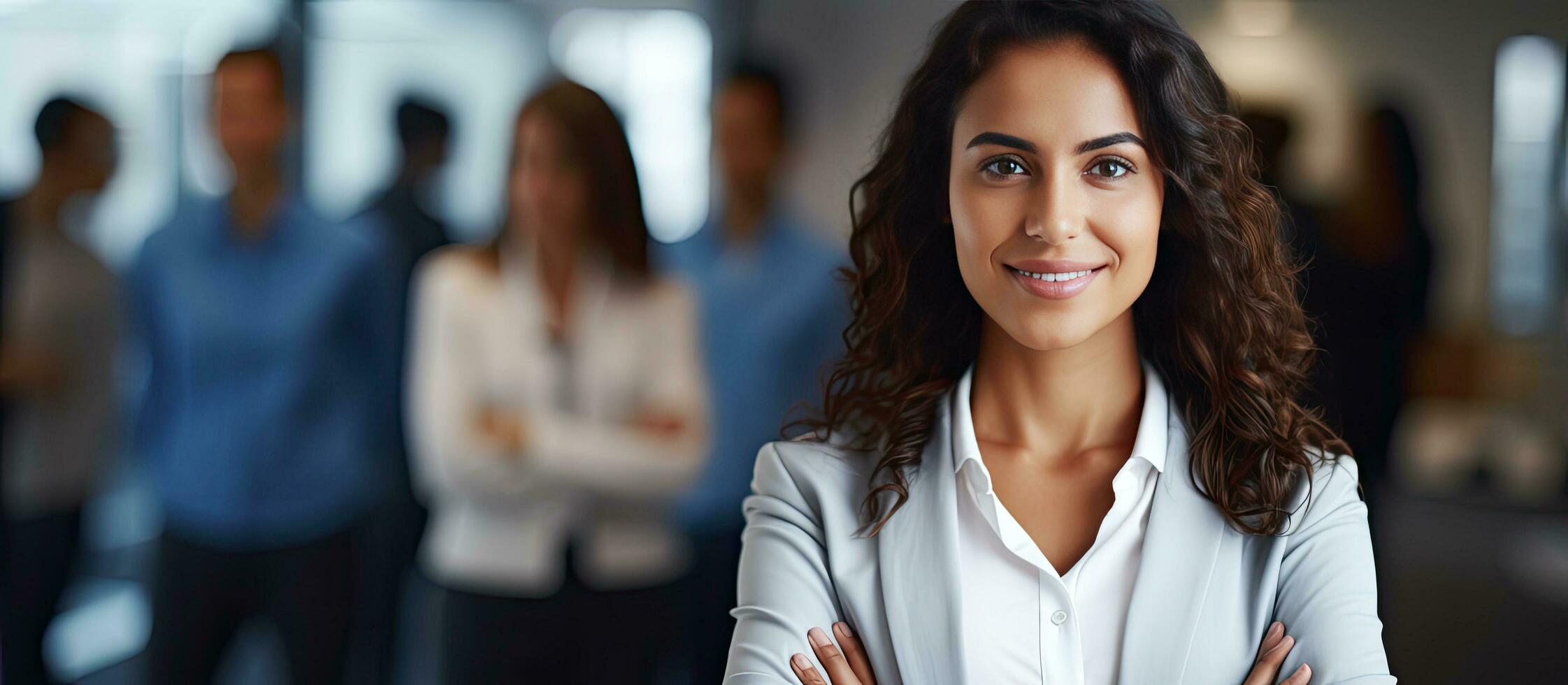 réussi Latin femme d'affaires souriant avec franchi bras permanent dans une moderne Bureau photo