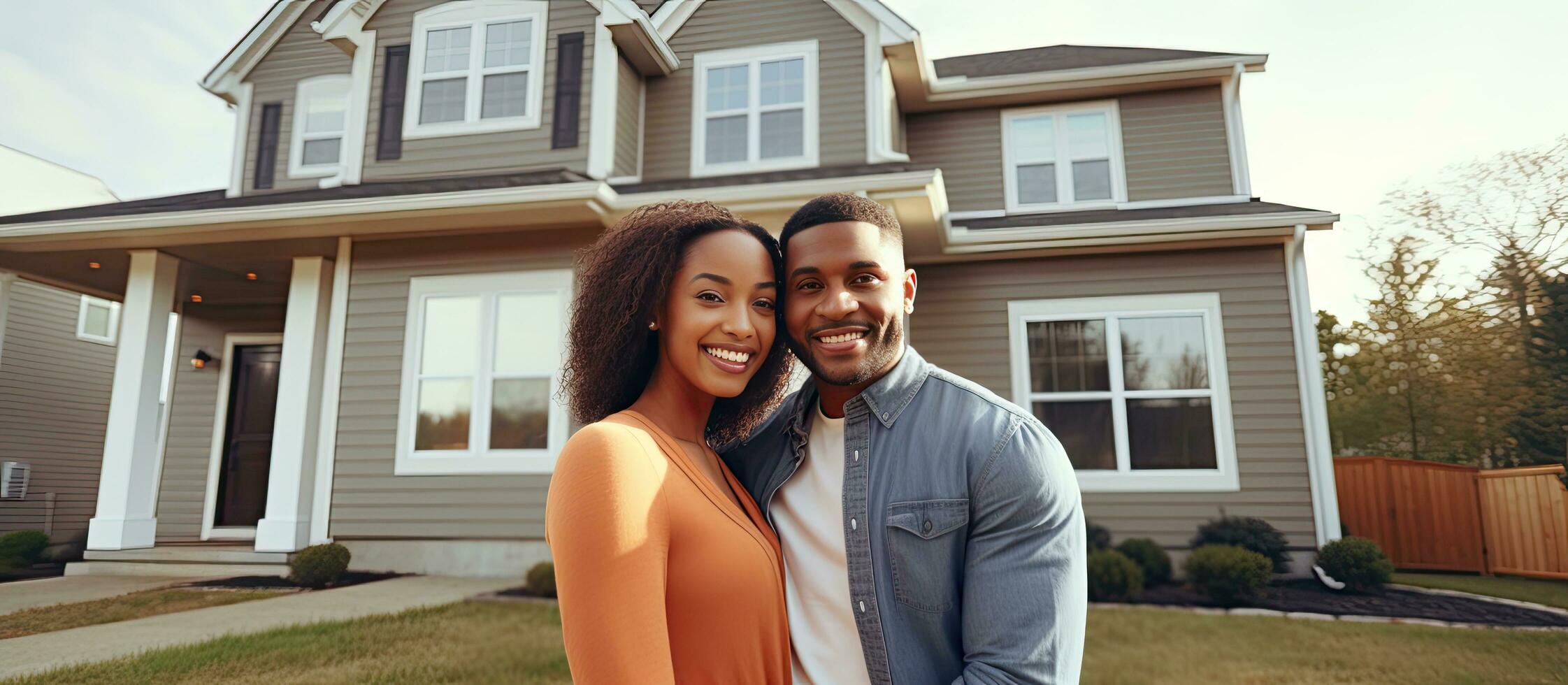 un ethniquement diverse couple fièrement pose dans de face de leur Nouveau Accueil en portant maison clés photo