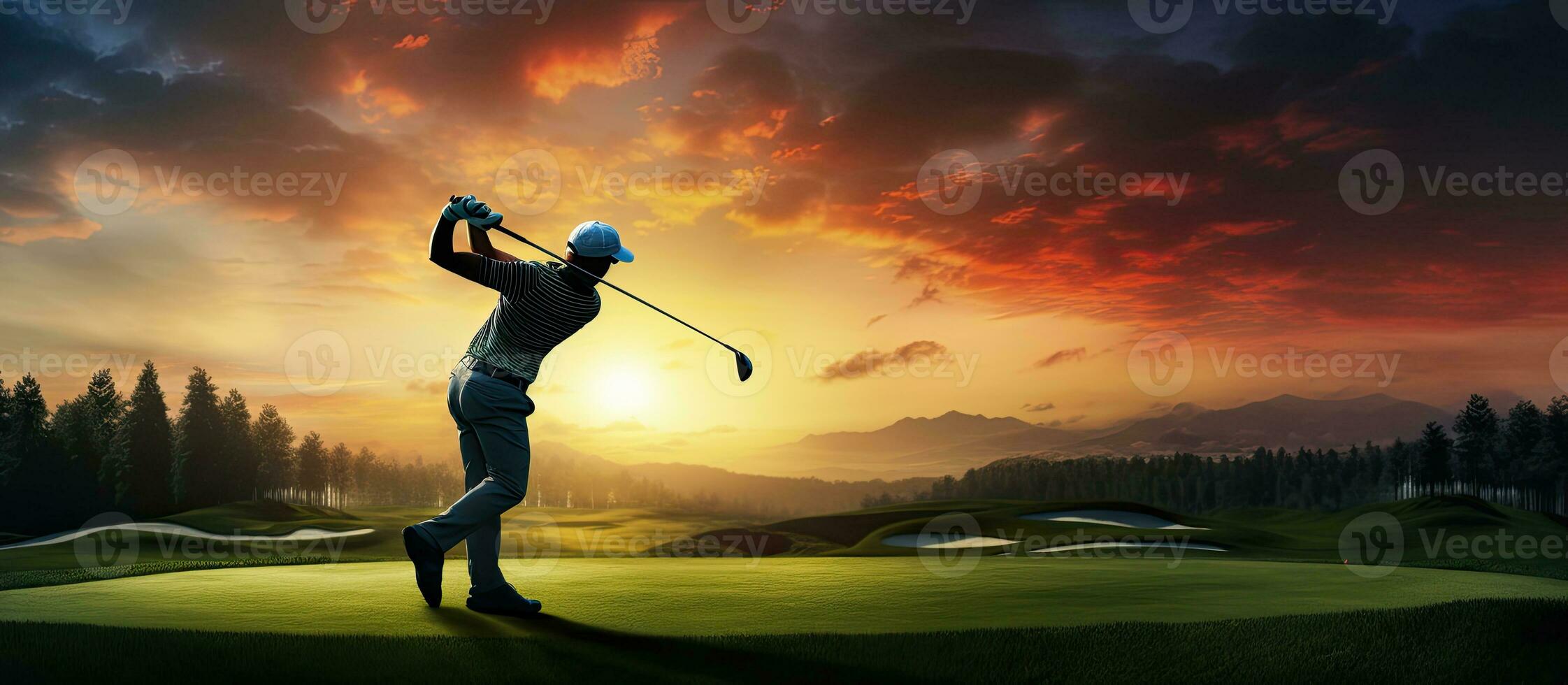 Masculin golfeur balançant club le coucher du soleil dans Contexte vide fond photo