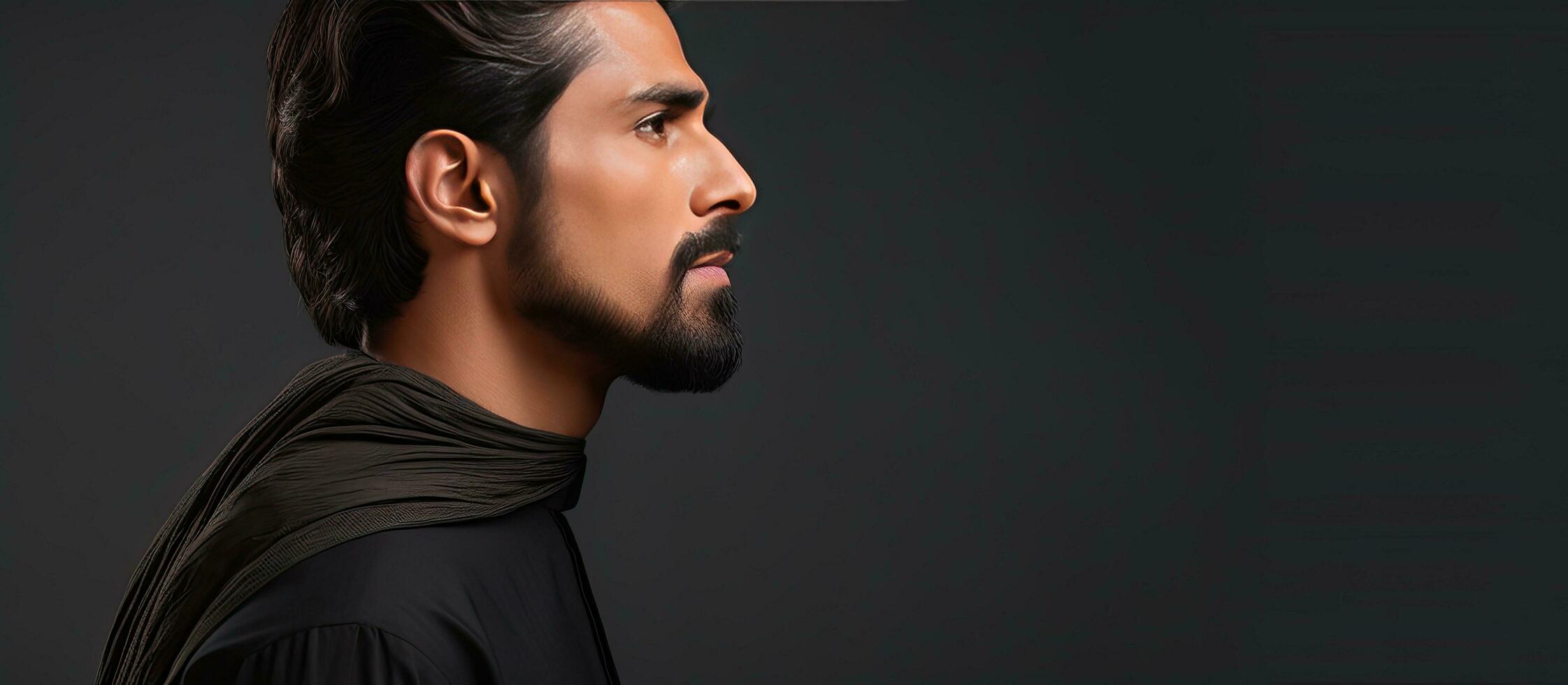 profil portrait de une Jeune homme dans traditionnel pakistanais tenue avec foncé cheveux moustache et barbe contre une gris Contexte horizontal bannière avec vider photo