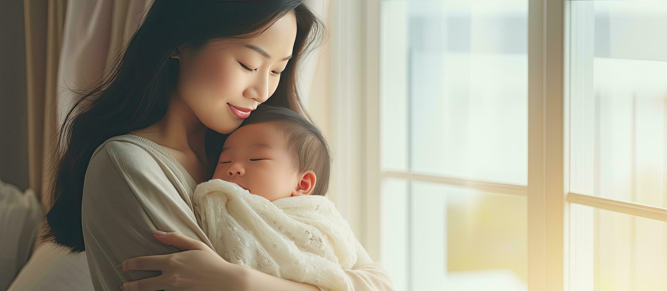 content asiatique mère en portant somnolent bébé par fenêtre à Accueil bébé embrassé dans parent s bras mère émouvant bébé à sommeil photo