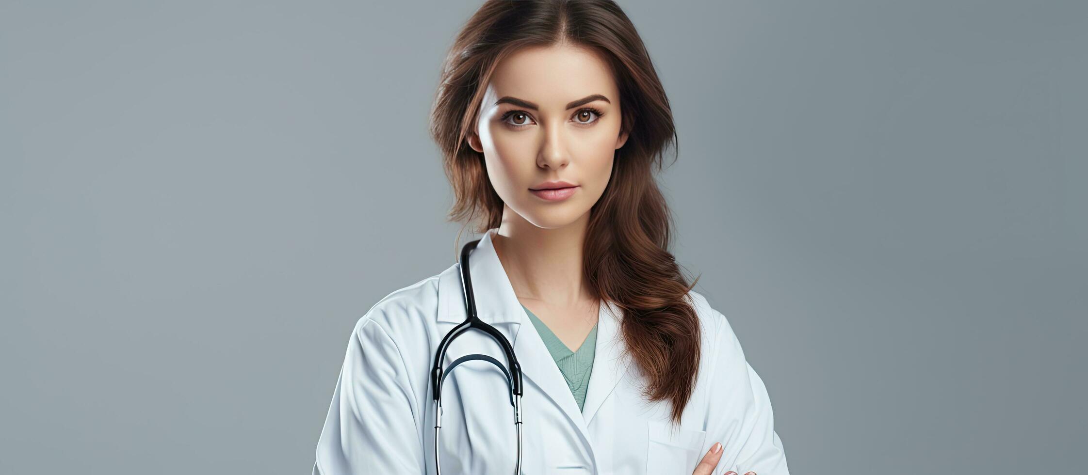 sérieux femelle médecin dans médical uniforme proche en haut lumière Contexte copie espace photo
