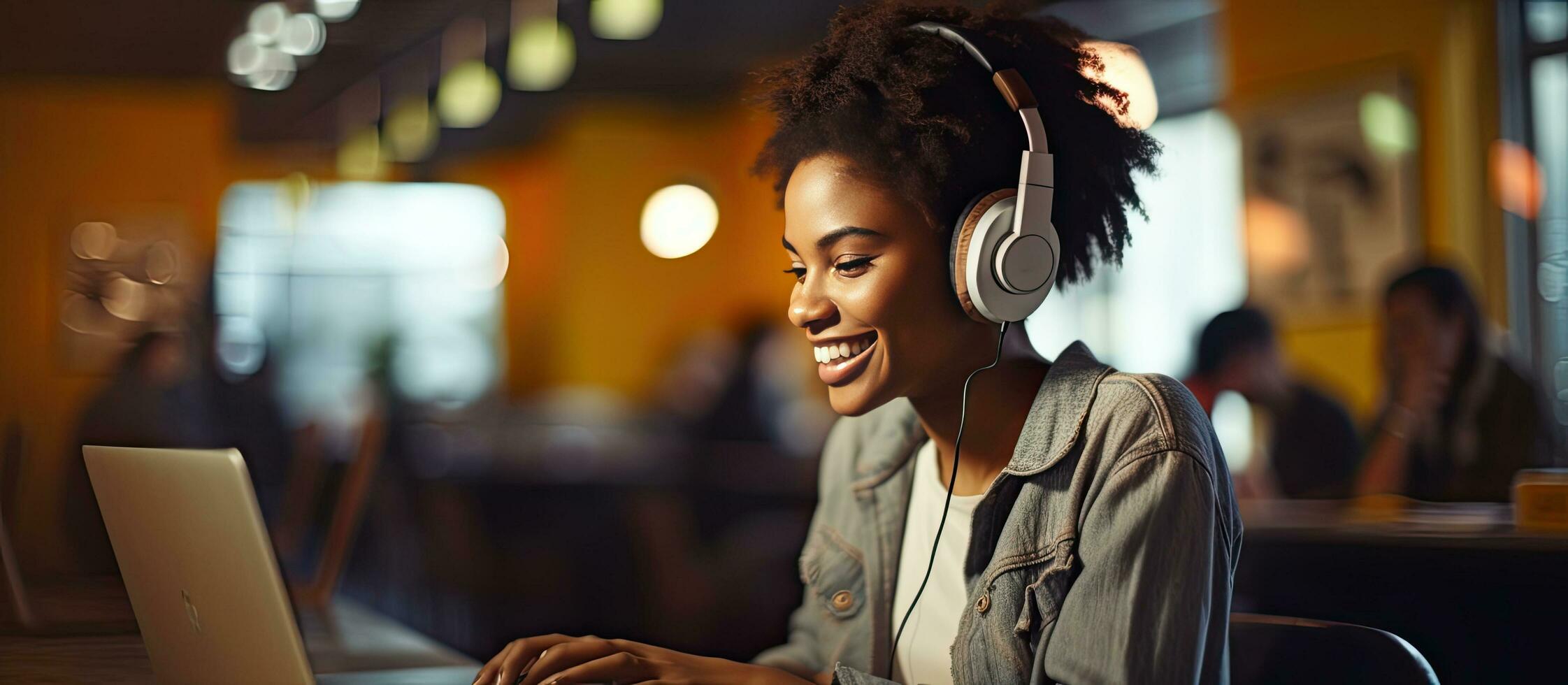 noir fille en train d'étudier en ligne avec portable et écouteurs dans une café content et prise Remarques photo