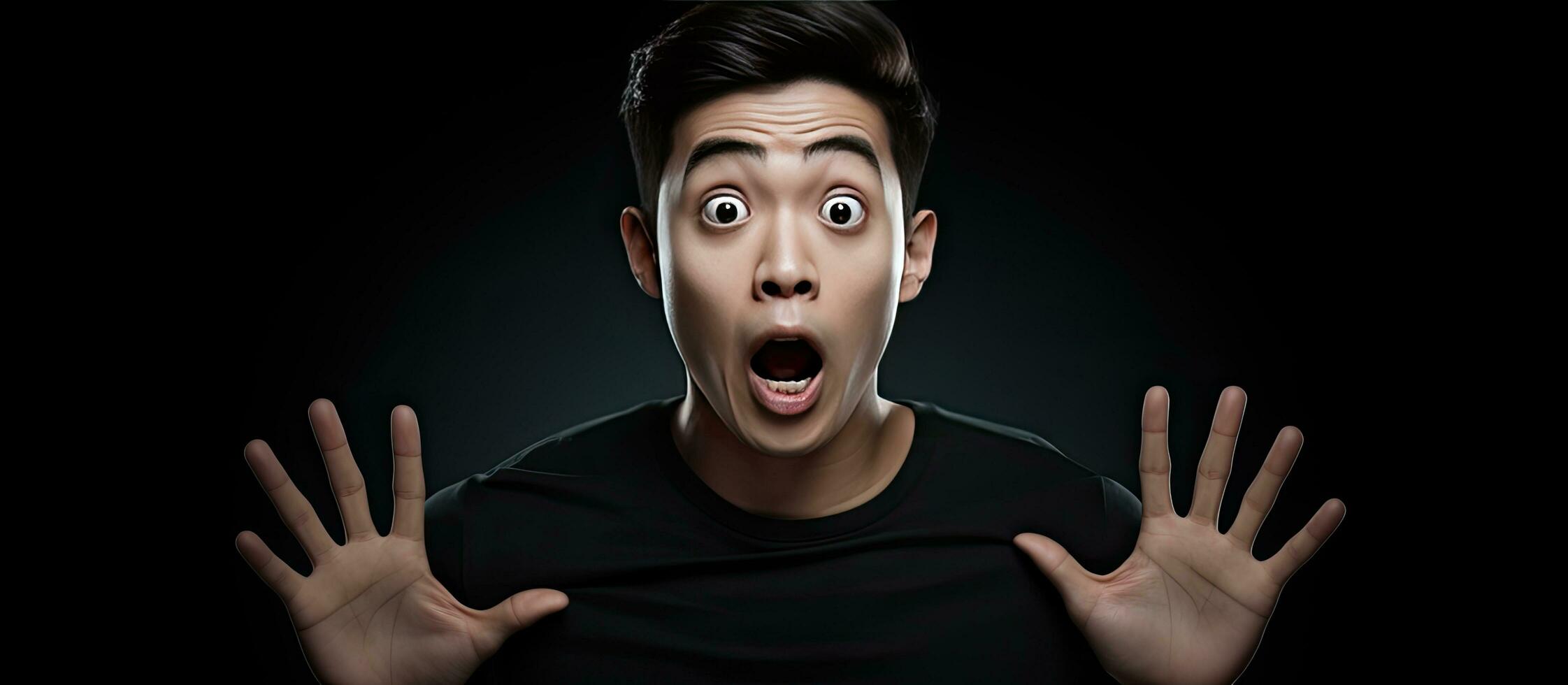 une surpris Jeune asiatique homme dans une noir t chemise en portant une Vide espace pose sur une blanc Contexte photo