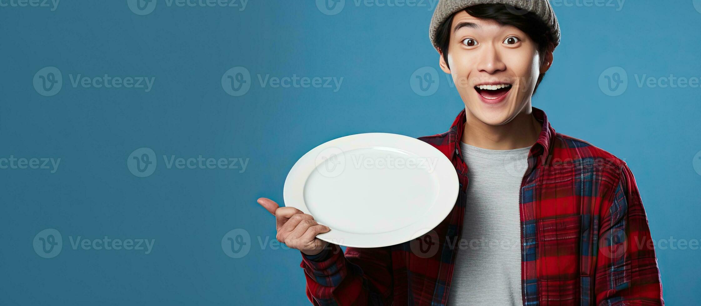 un asiatique homme portant une bonnet chapeau et plaid chemise points la gauche tandis que en portant un vide assiette isolé sur une bleu Contexte photo